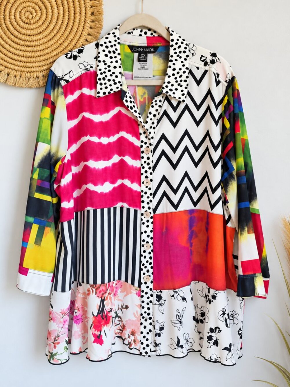 John Mark Mixed Print Patchwork Button Front Tunic Shirt Blouse SZ 2X Artsy Boho